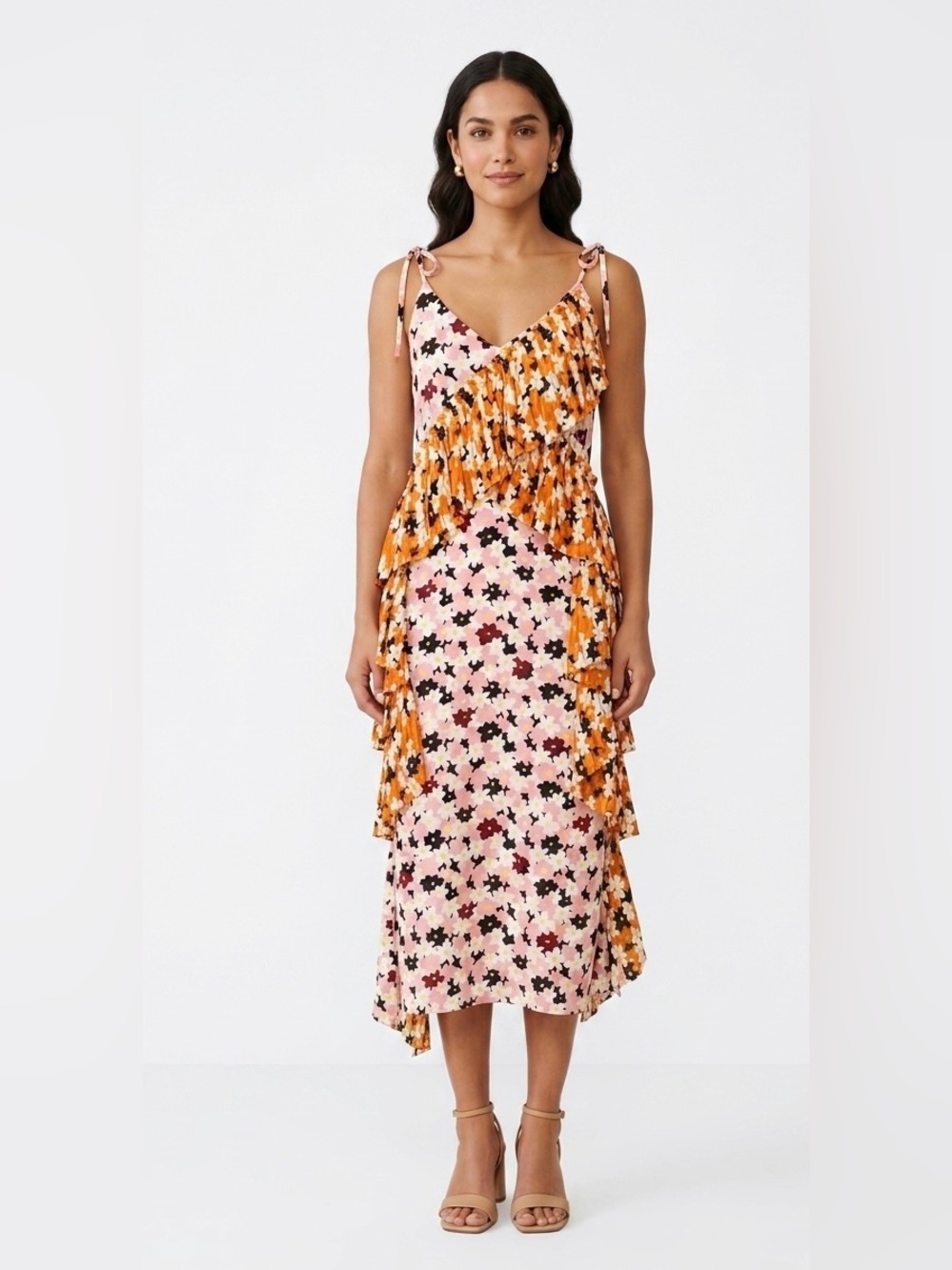 KENZO Floral Print Ruffled Midi Slip Dress — Pink & Orange Daisy, EU Size 42